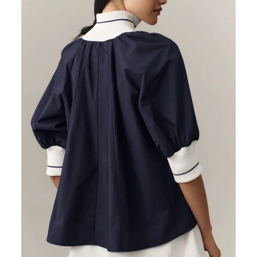 Anthropologie MAEVE Sporty Henley Swing Top Navy Blue White Half Zip Large - Picture 8 of 14